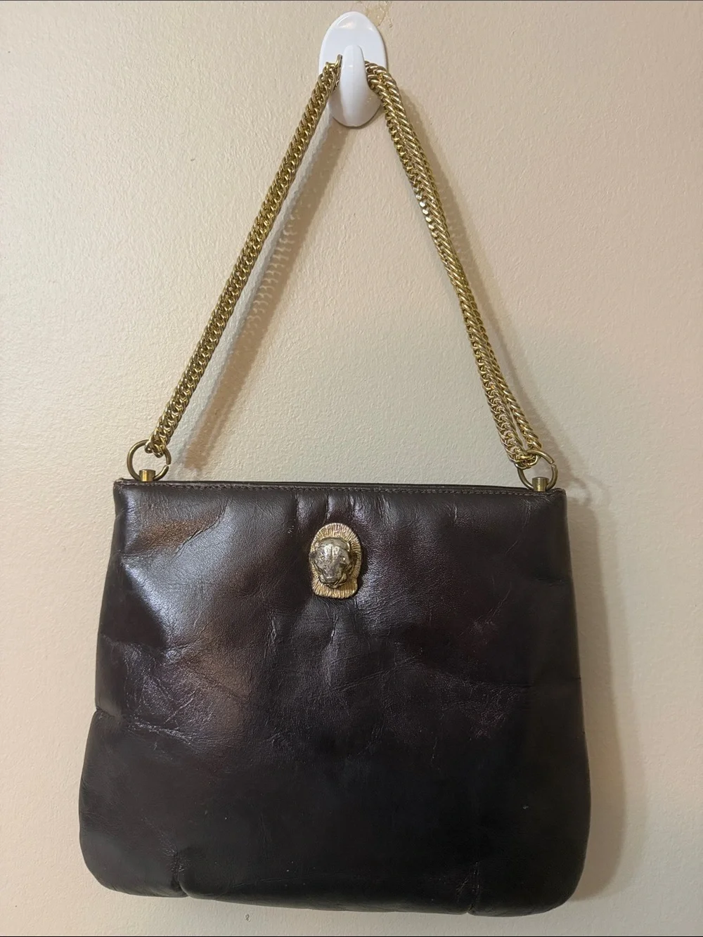 Classic Brown Leather Shoulder Bag with Gold Chain Strap
